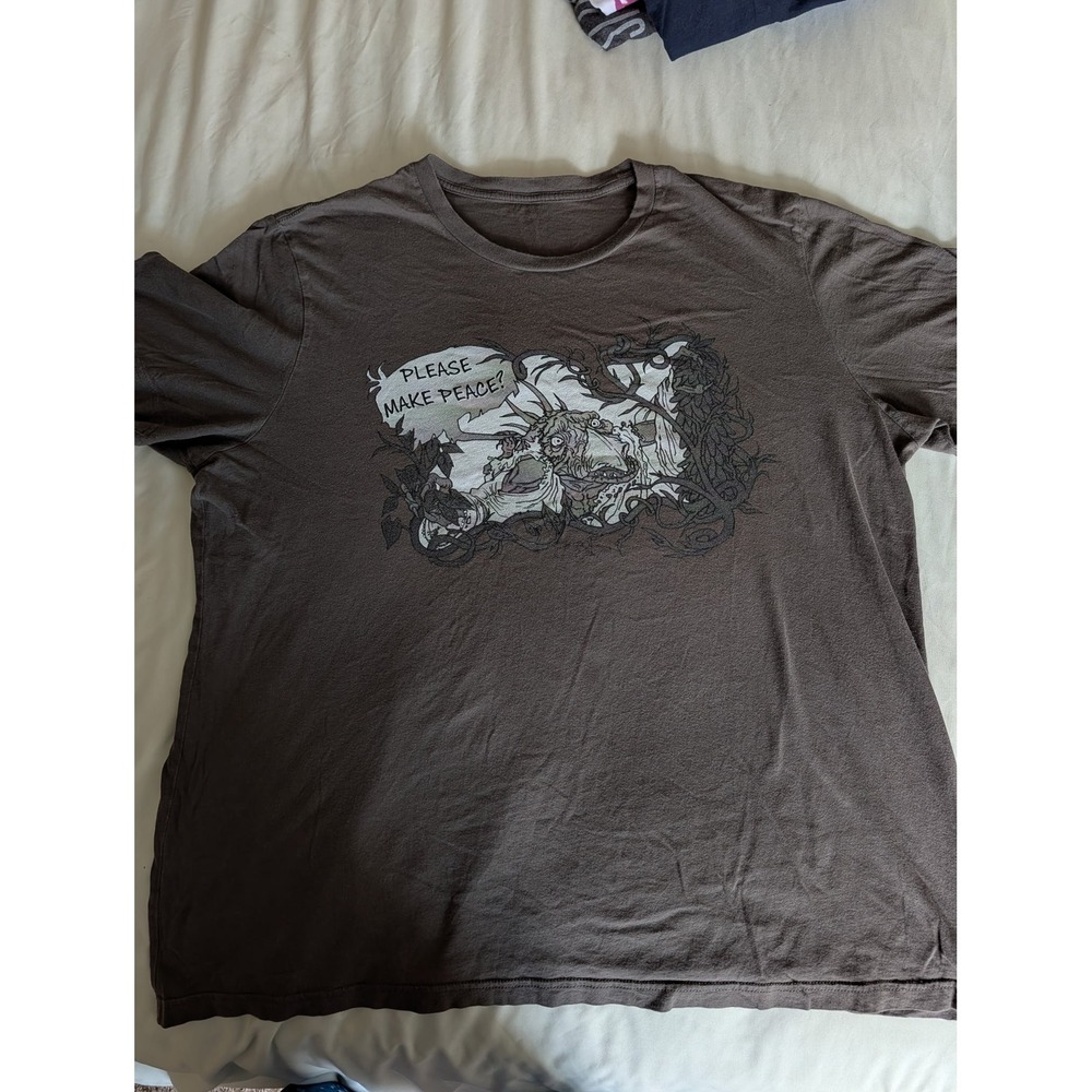 Brown Please Make Peace Graphic T-Shirt Fantasy Creature Crew Neck Tee